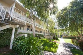 San Jose apartment for rent - an apartment building with a sidewalk and trees