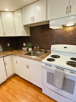 Mountain View apartment for rent - a white kitchen with a stove and a sink