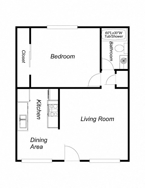 Floor plan for 1 bed, 1 bath, 750 sqft