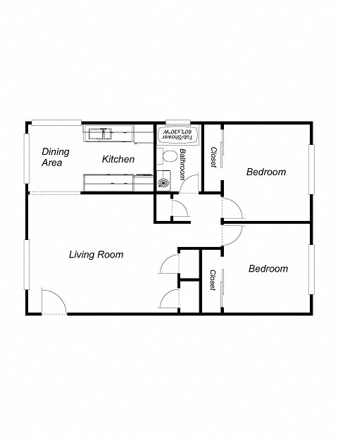 Floor plan for 2 beds, 1 bath, 925 sqft