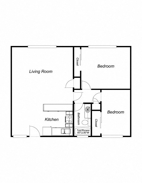 Floor plan for 2 beds, 1 bath, 925 sqft