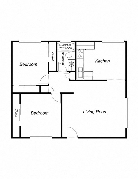 Floor plan for 2 beds, 1 bath, 925 sqft