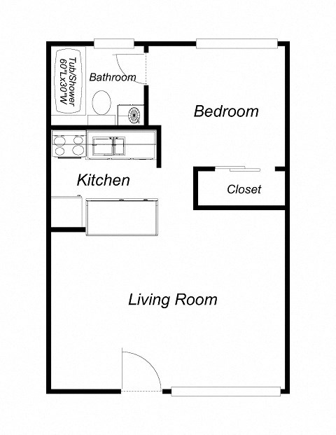Floor plan for 1 bed, 1 bath, 550 sqft