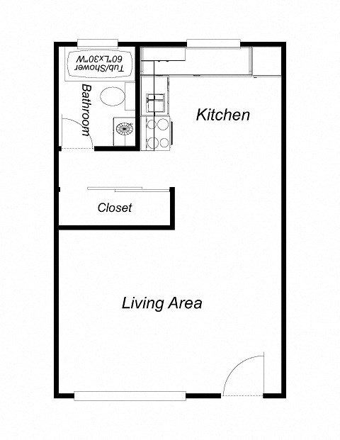 Floor plan for studio, 1 bath, 500 sqft
