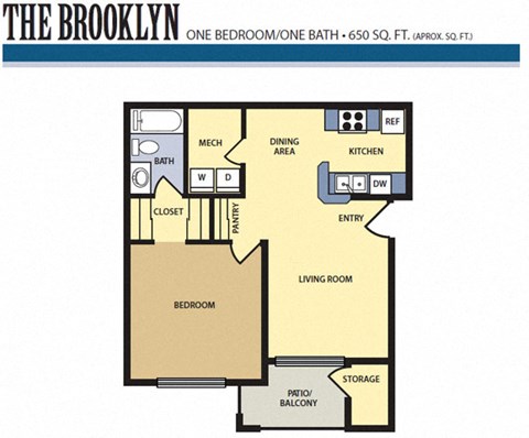 Floor plan for 1 bed, 1 bath, 650 sqft