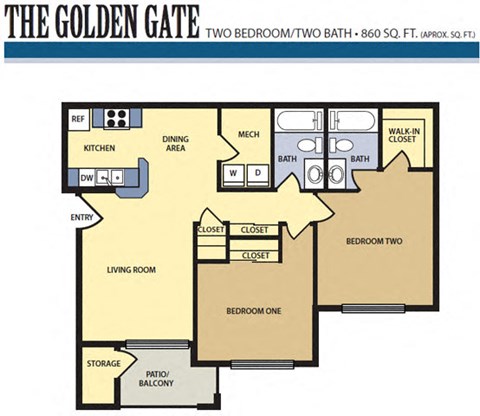 Floor plan for 2 beds, 2 baths, 865 sqft