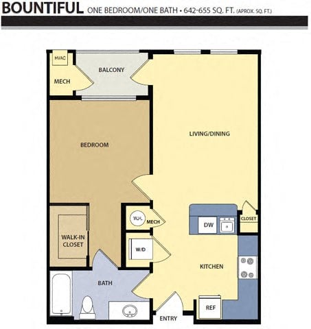 Floor plan for 1 bed, 1 bath, 655 sqft