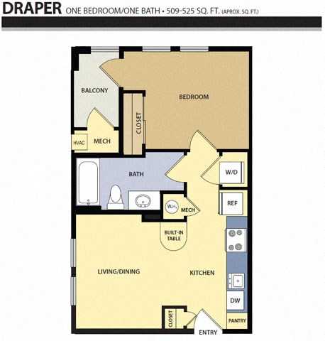 Floor plan for 1 bed, 1 bath, 525 sqft