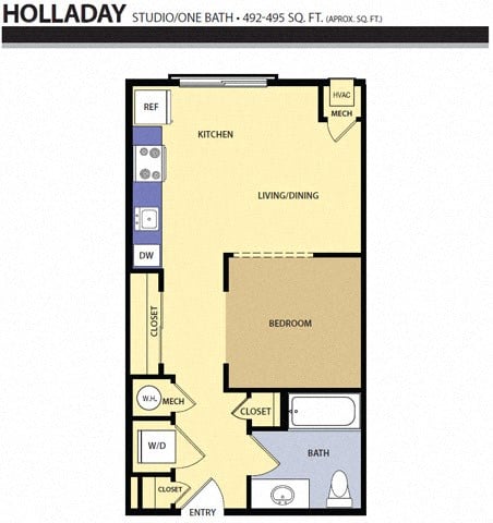 Floor plan for studio, 1 bath, 495 sqft