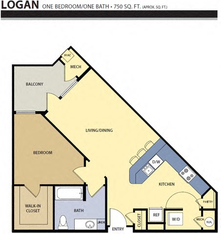 Floor plan for 1 bed, 1 bath, 749 sqft