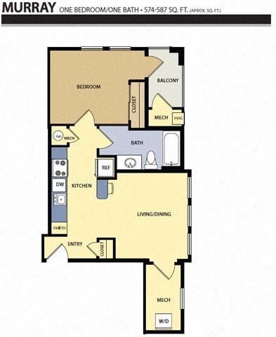 Floor plan for 1 bed, 1 bath, 587 sqft