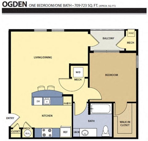 Floor plan for 1 bed, 1 bath, 709 sqft