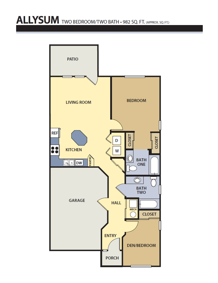 Floor plan for 2 beds, 2 baths, 982 sqft