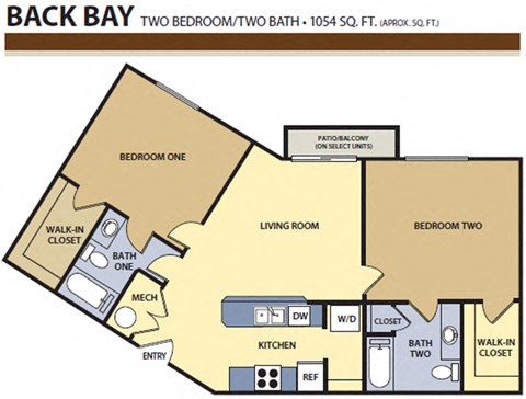 Floor plan for 2 beds, 2 baths, 1054 sqft