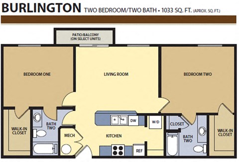 Floor plan for 2 beds, 2 baths, 1033 sqft