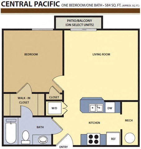 Floor plan for 1 bed, 1 bath, 584 sqft