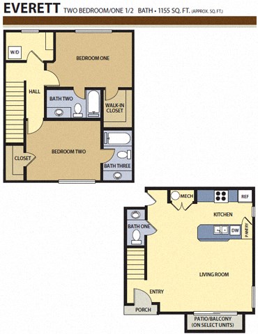 Floor plan for 2 beds, 2.5 baths, 1155 sqft