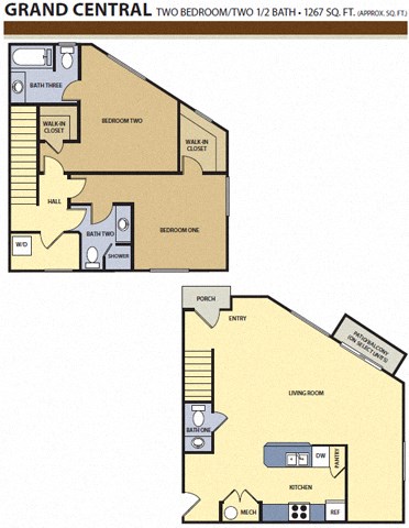 Floor plan for 2 beds, 2.5 baths, 1267 sqft