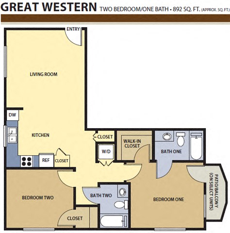 Floor plan for 2 beds, 2 baths, 892 sqft