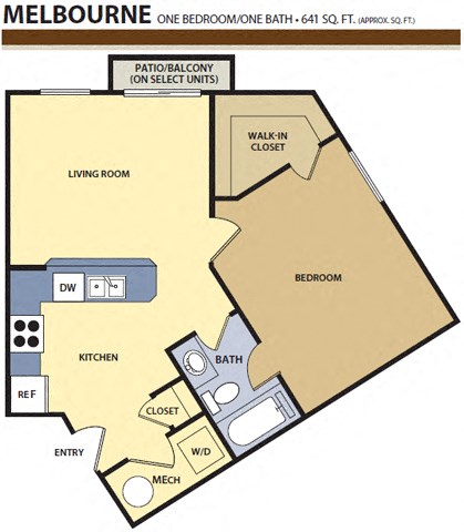 Floor plan for 1 bed, 1 bath, 641 sqft