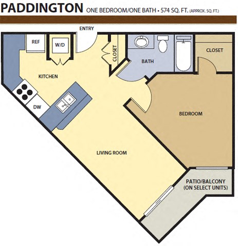 Floor plan for 1 bed, 1 bath, 574 sqft