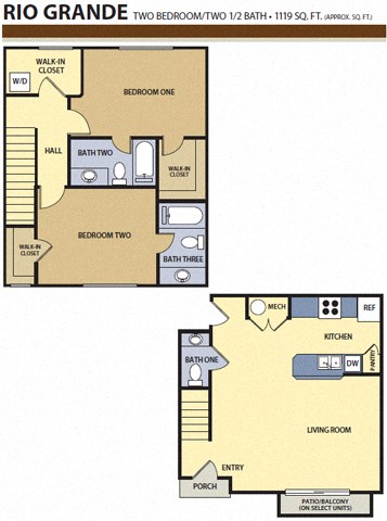 Floor plan for 2 beds, 2.5 baths, 1119 sqft