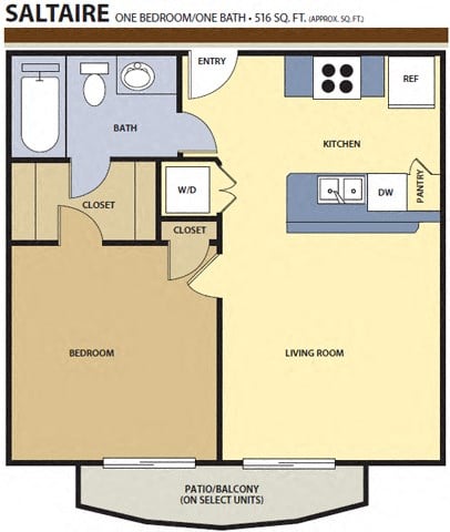 Floor plan for 1 bed, 1 bath, 516 sqft