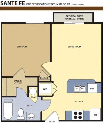 Floor plan for 1 bed, 1 bath, 517 sqft