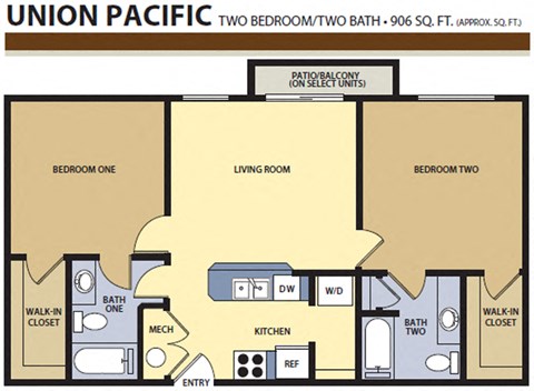 Floor plan for 2 beds, 2 baths, 906 sqft