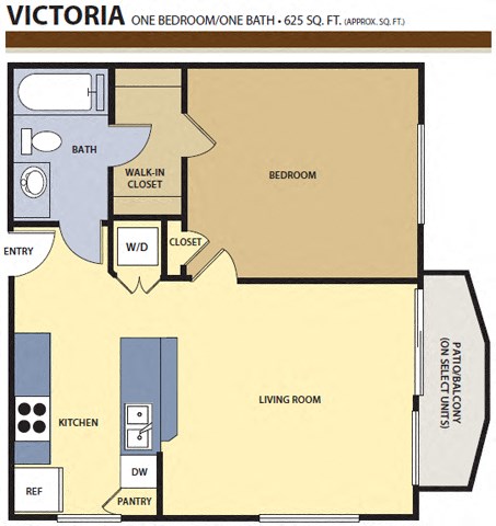 Floor plan for 1 bed, 1 bath, 625 sqft