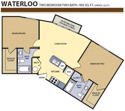 Floor plan for 2 beds, 2 baths, 993 sqft