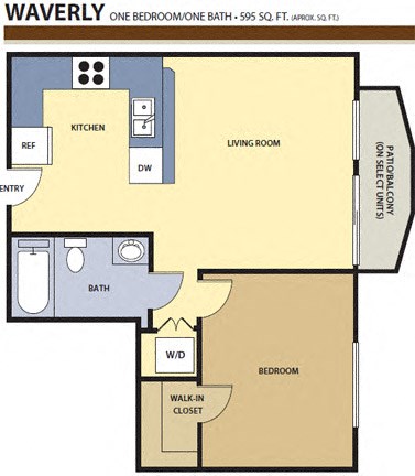 Floor plan for 1 bed, 1 bath, 595 sqft