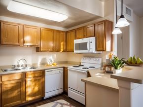 Salt Lake City apartment for rent - Liberty Midtown 1 Bedroom Apartment Salt Lake City, Utah, Carlyle floor plan, kitchen with angled counter, dishwasher, oven, microwave, oak cabinets