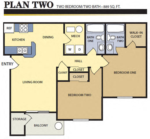 Floor plan for 2 beds, 2 baths, 889 sqft