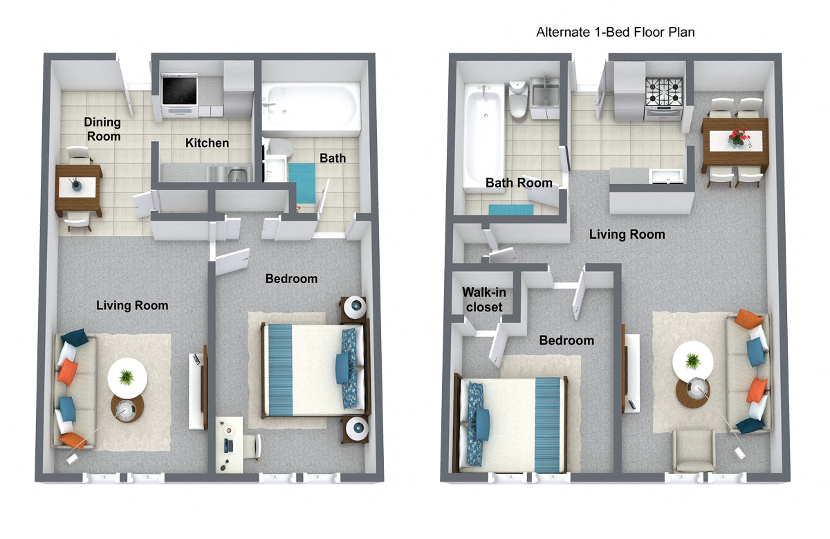 Floor plan for 1 bed, 1 bath, 588 sqft