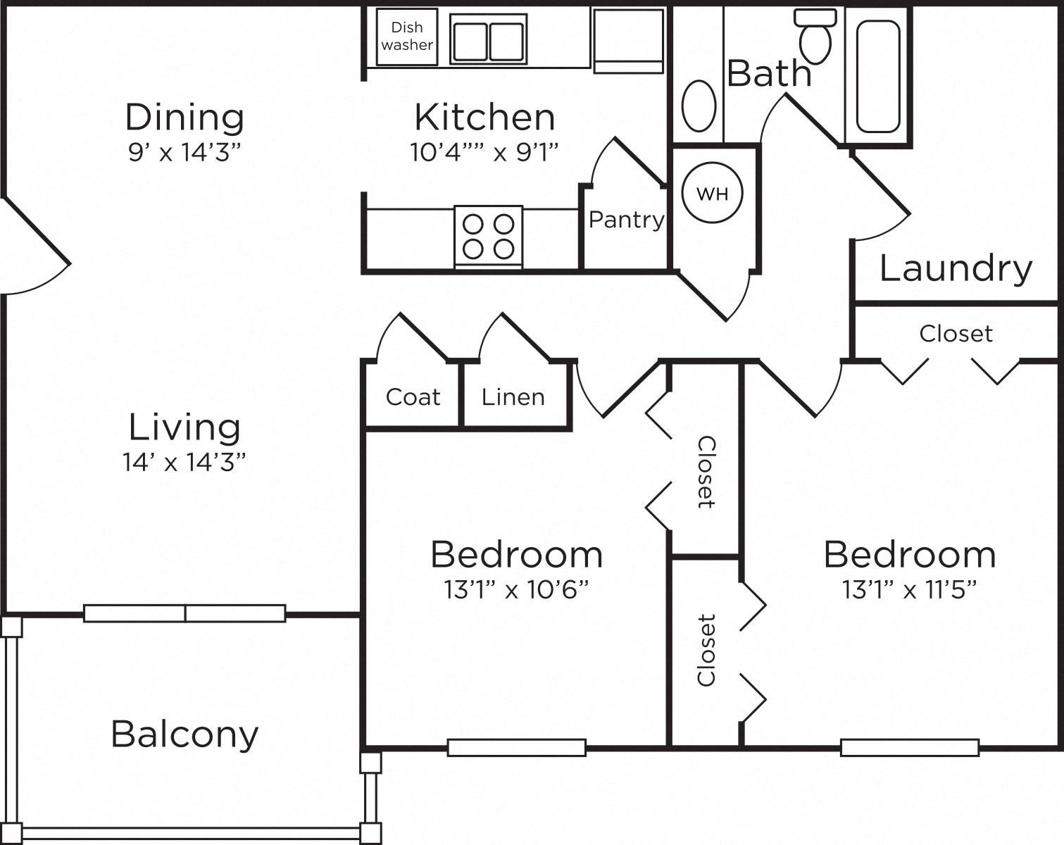 Floor plan for 2 beds, 1 bath, 891 sqft