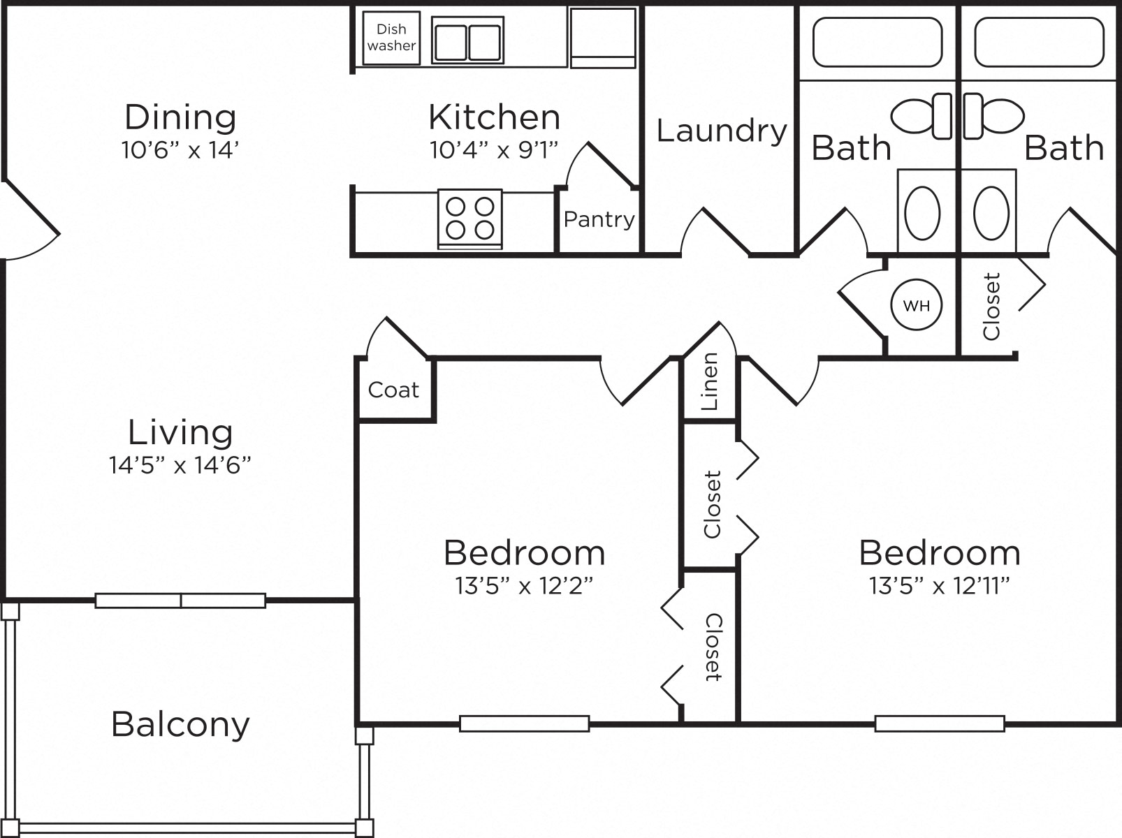 Floor plan for 2 beds, 2 baths, 984 sqft