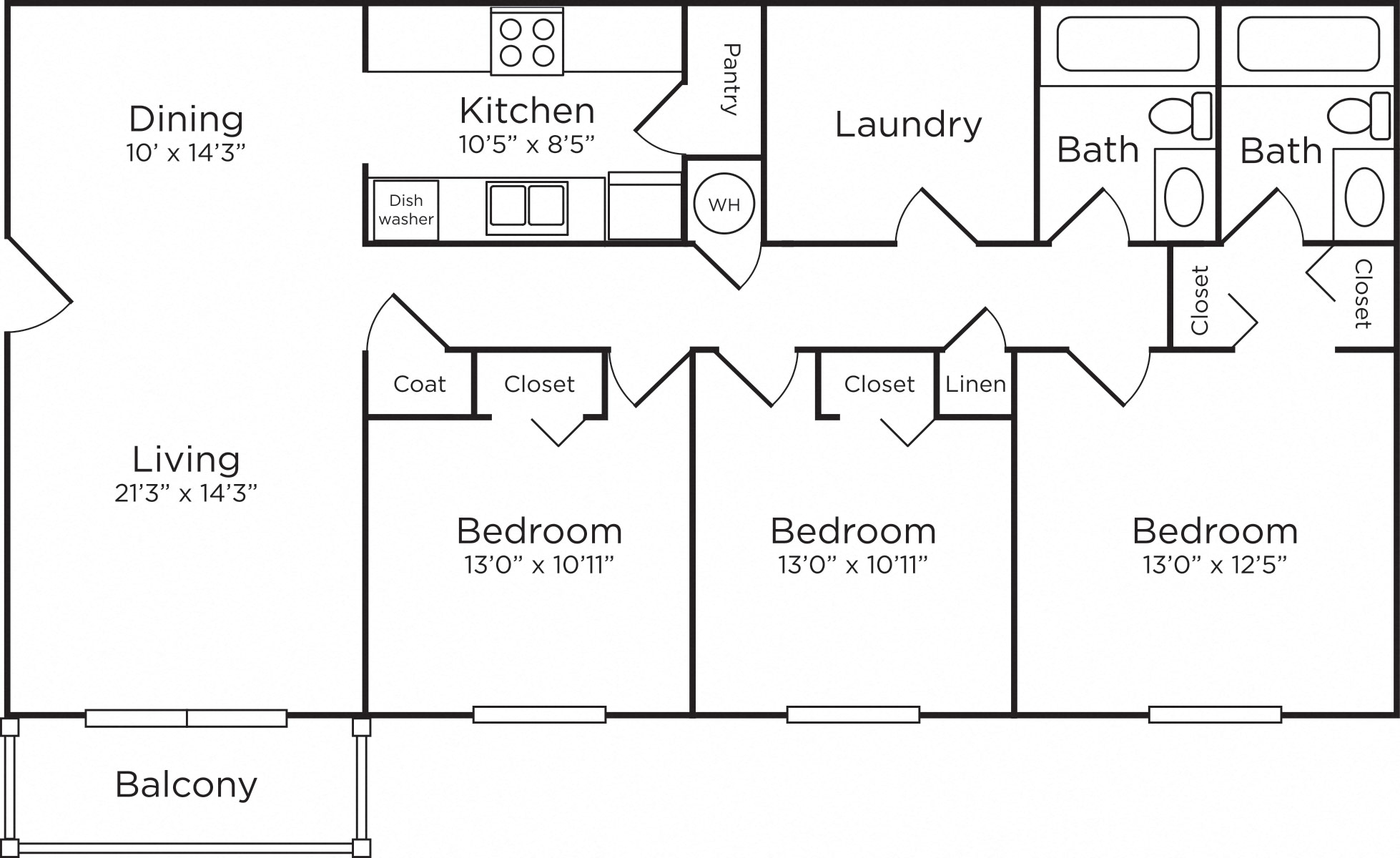Floor plan for 3 beds, 2 baths, 1142 sqft