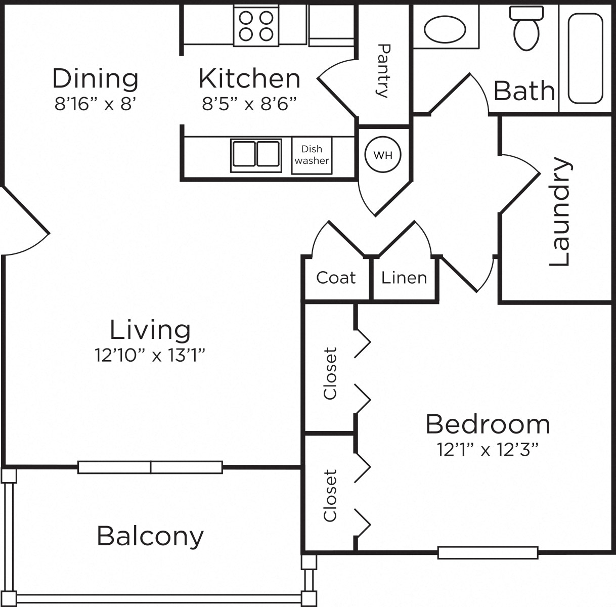 Floor plan for 1 bed, 1 bath, 684 sqft