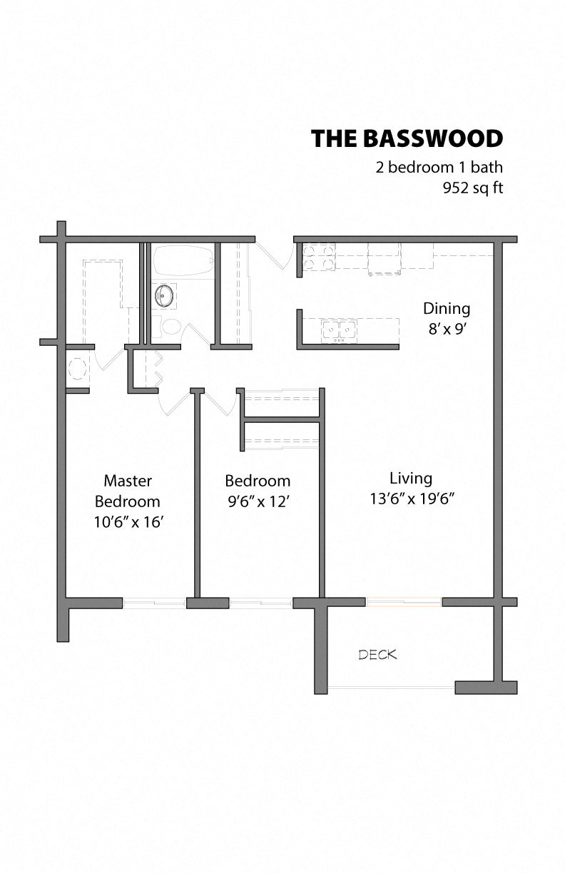 Floor plan for 2 beds, 1 bath, 952 sqft