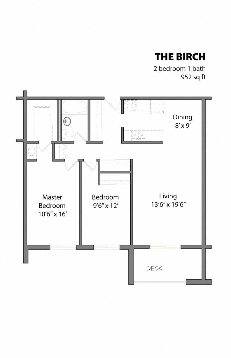 Floor plan for 2 beds, 1.3 baths, 952 sqft