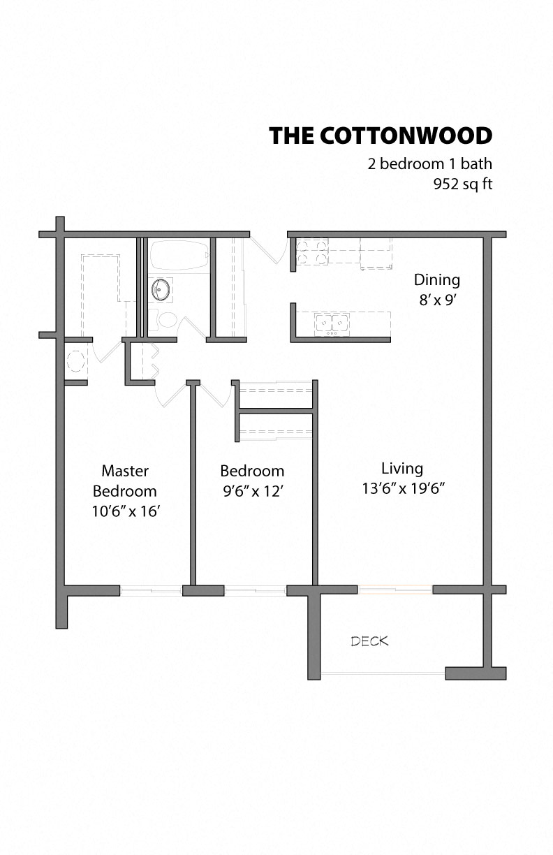 Floor plan for 2 beds, 1 bath, 952 sqft