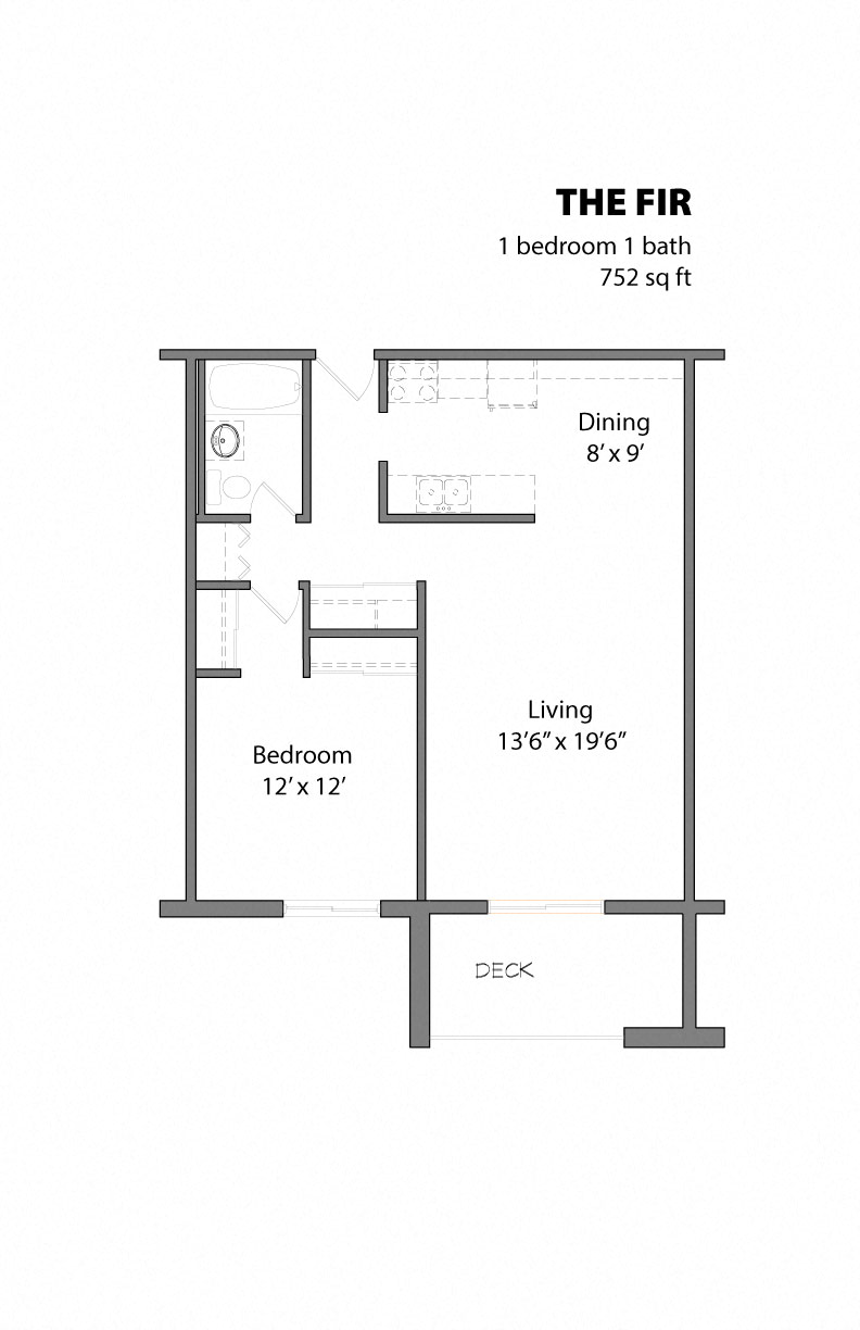 Floor plan for 1 bed, 1 bath, 752 sqft