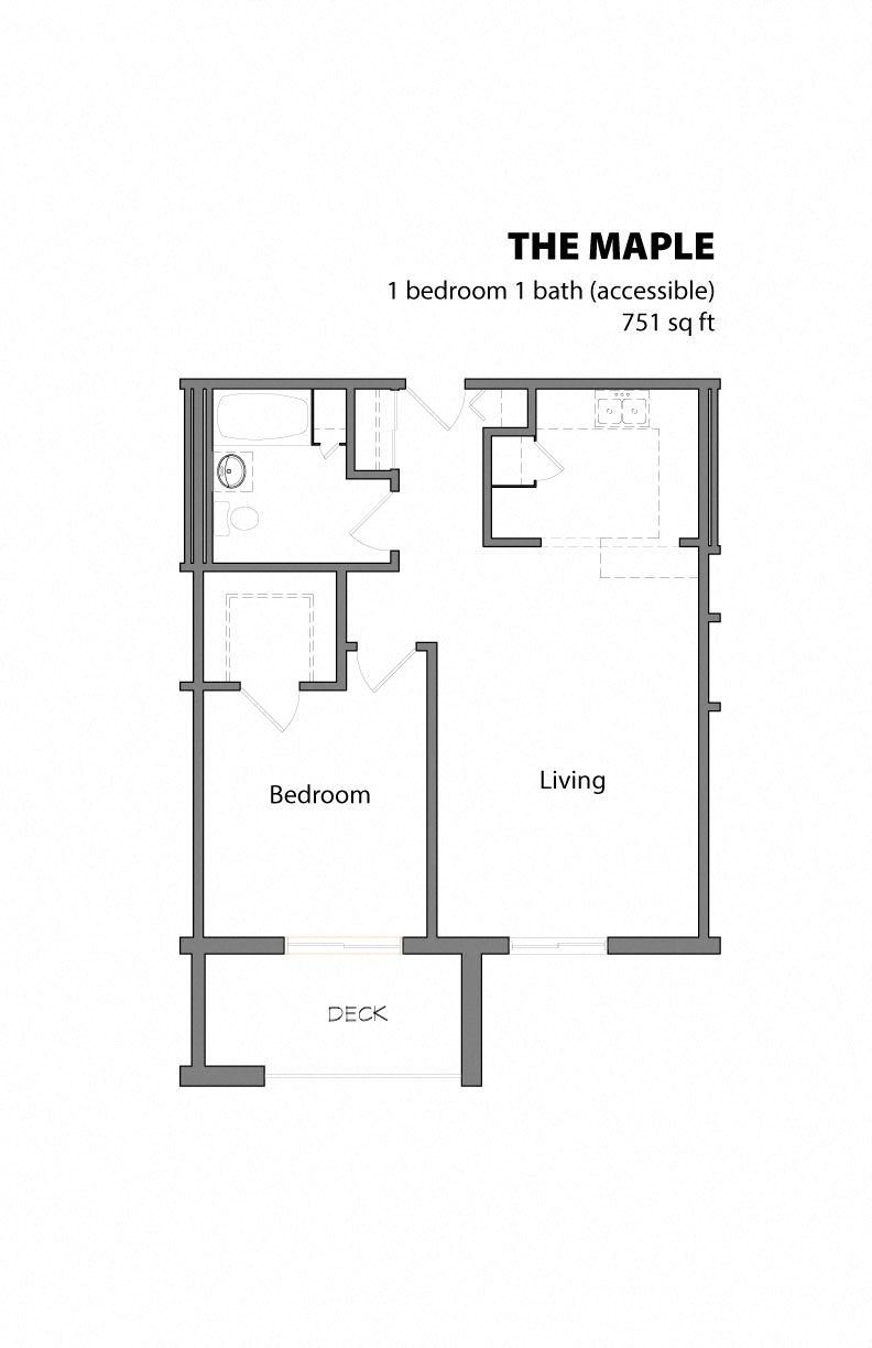 Floor plan for 1 bed, 1 bath, 751 sqft