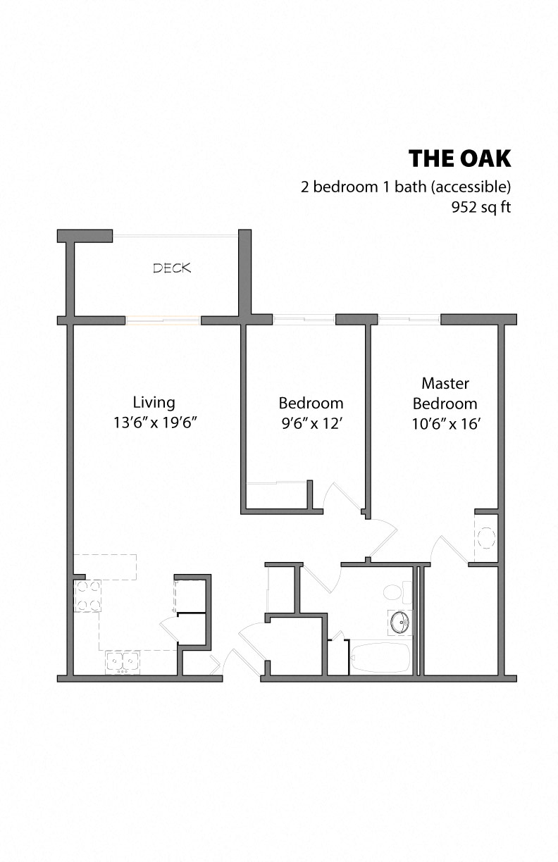 Floor plan for 2 beds, 1 bath, 952 sqft