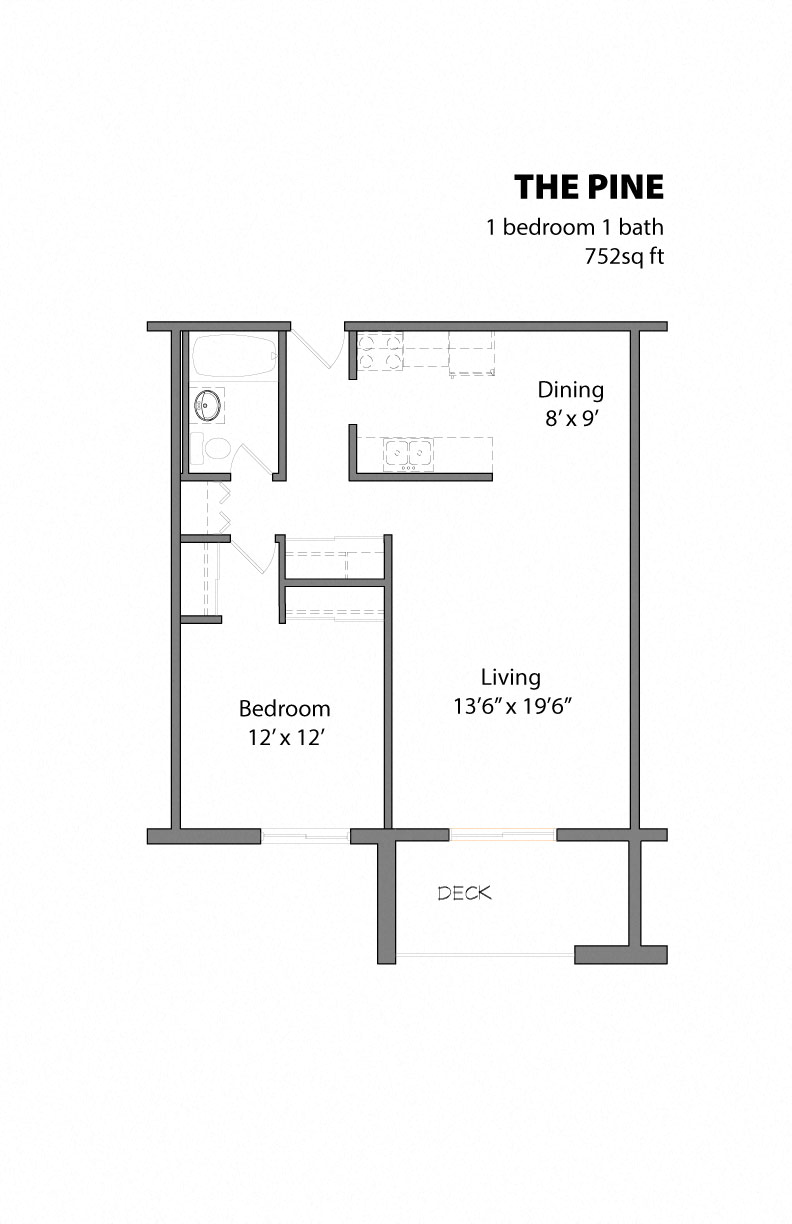 Floor plan for 1 bed, 1 bath, 752 sqft