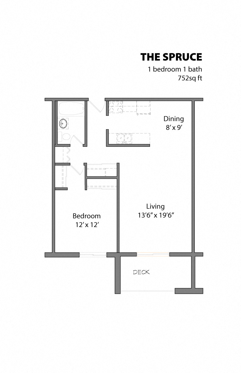 Floor plan for 1 bed, 1 bath, 752 sqft