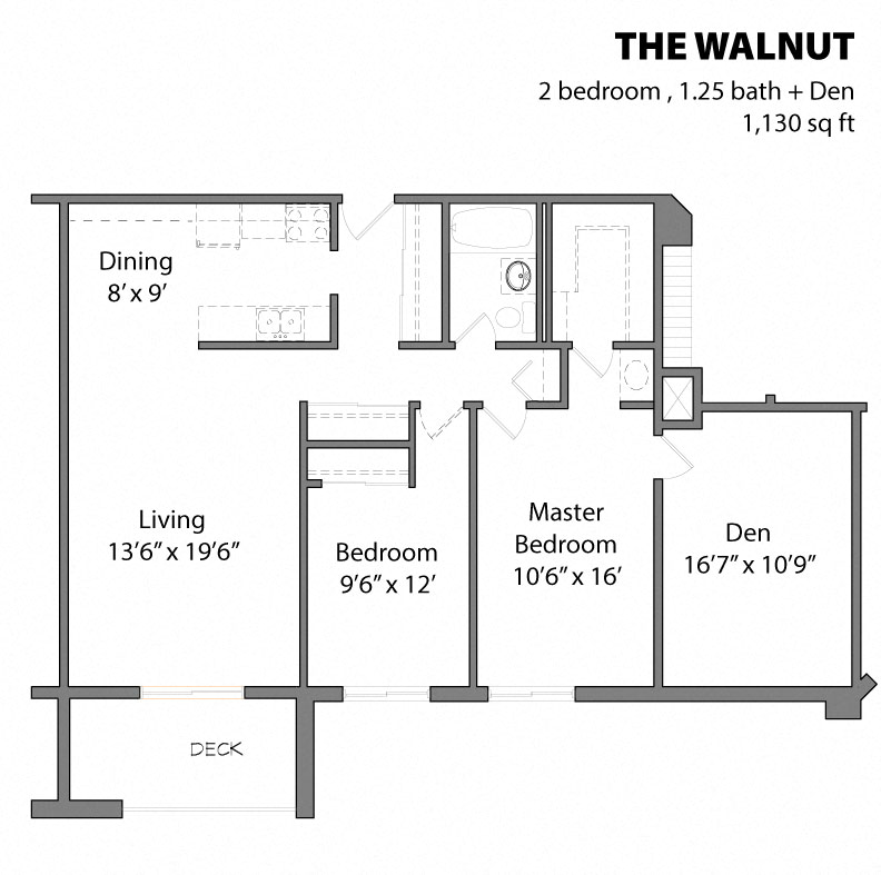 Floor plan for 2 beds, 1 bath, 1130 sqft