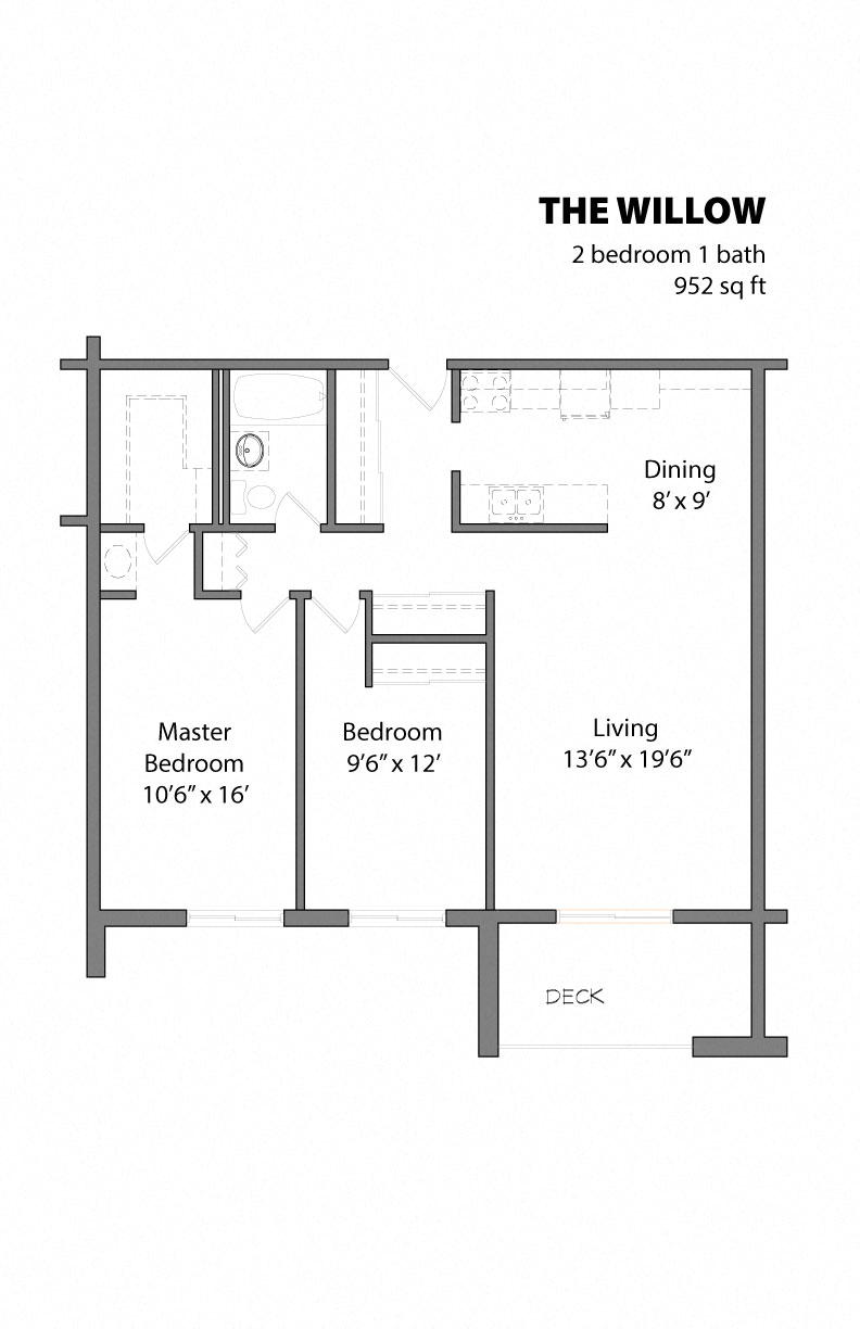 Floor plan for 2 beds, 1 bath, 952 sqft