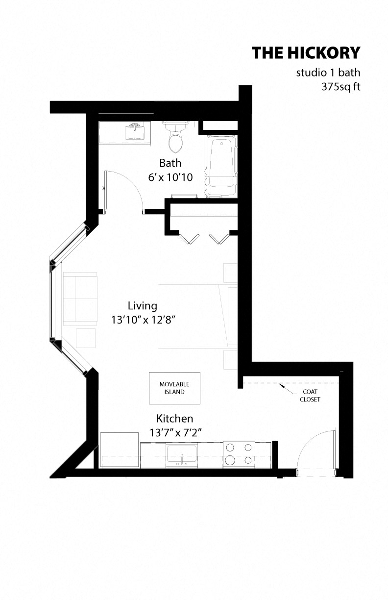 Floor plan for studio, 1 bath, 375 sqft